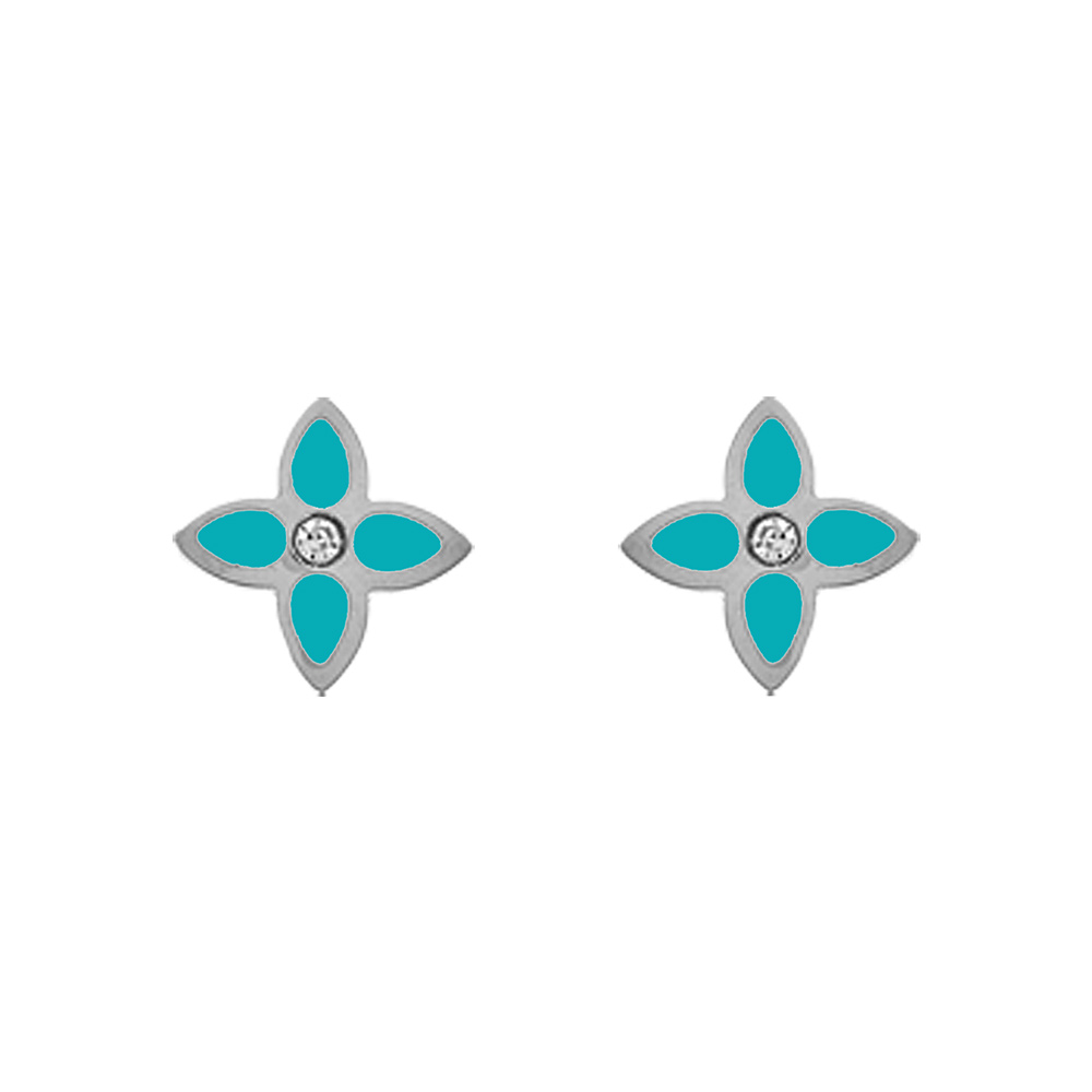 Boucles d\'oreille tige en acier motif fleur r�sine turquoise - Vue 1
