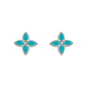 Boucles d\'oreille tige en acier motif fleur rsine turquoise - Vue 1