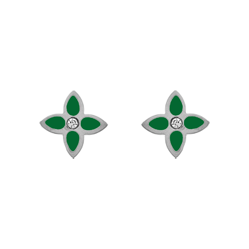 Boucles d\'oreille tige en acier motif fleur r�sine verte - Vue 1