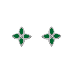 Boucles d\'oreille tige en acier motif fleur résine verte - Vue 1