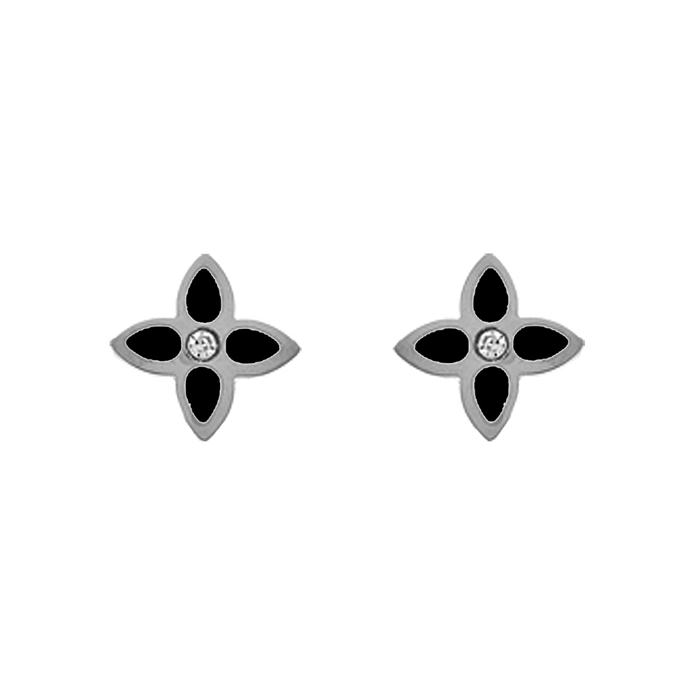 Boucles d\'oreille tige en acier motif fleurs r�sine noire - Vue 1