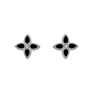 Boucles d\'oreille tige en acier motif fleurs résine noire - Vue 1