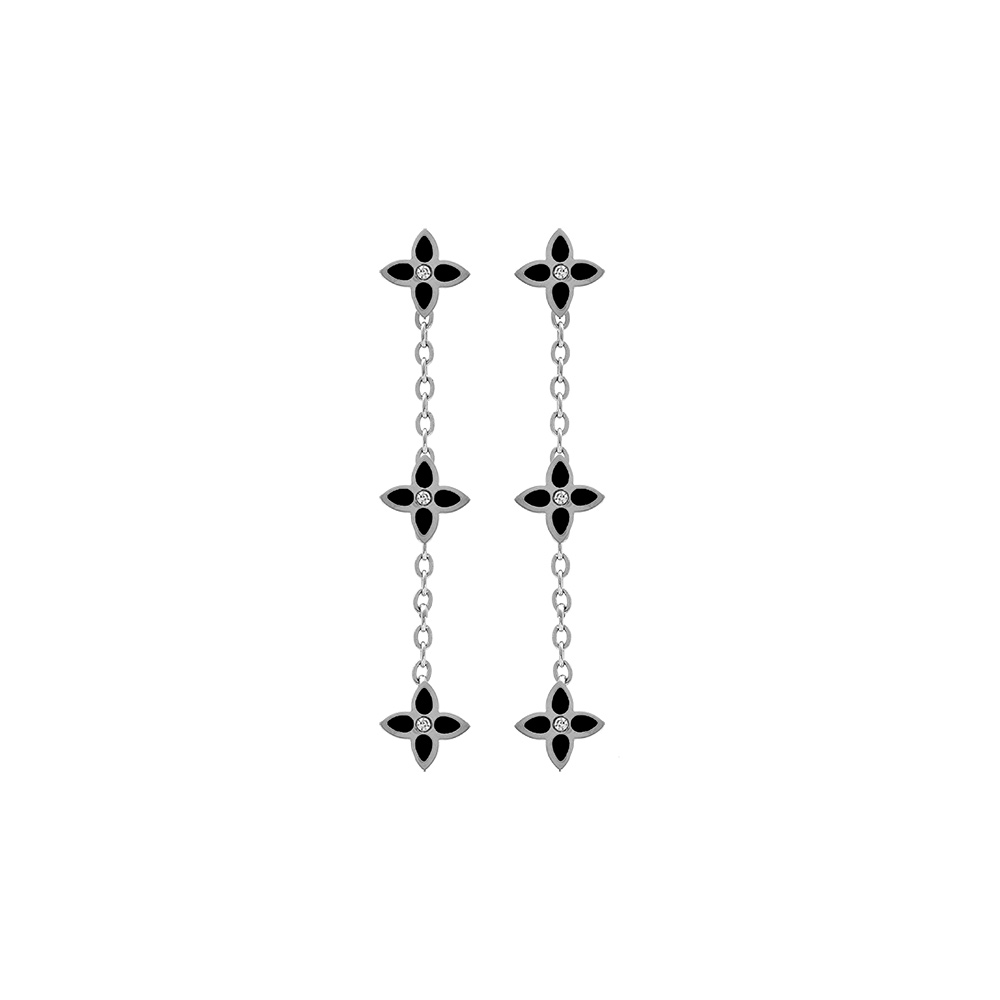 Boucles d\'oreille tige en acier trois fleurs r�sine noire - Vue 1