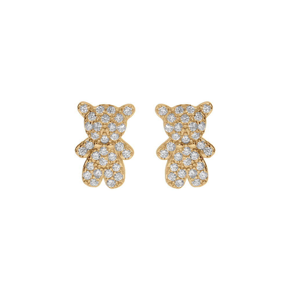 Boucles d\'oreille tige en argent dor� avec ourson orn� d\'oxydes blancs - Vue 1