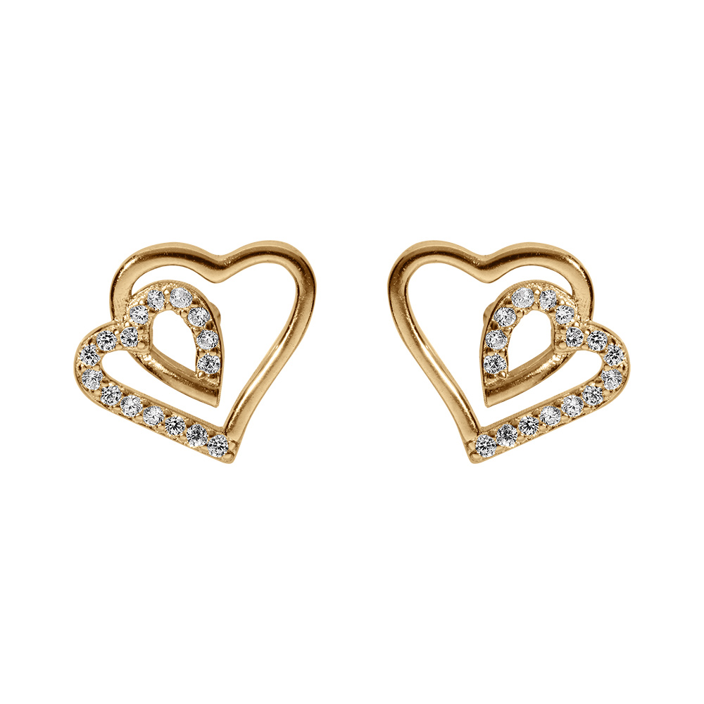 Boucles d\'oreille tige en argent dor� double coeur 10mm avec contour oxydes blancs - Vue 1