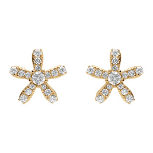 Boucles d'oreille tige en argent dor� en forme de petites fleurs scintillantes avec oxydes blancs sertis contour dor�