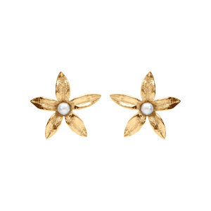 Boucles d\'oreille tige en argent doré fleur avec au centre une perle blanche imitation - Vue 1