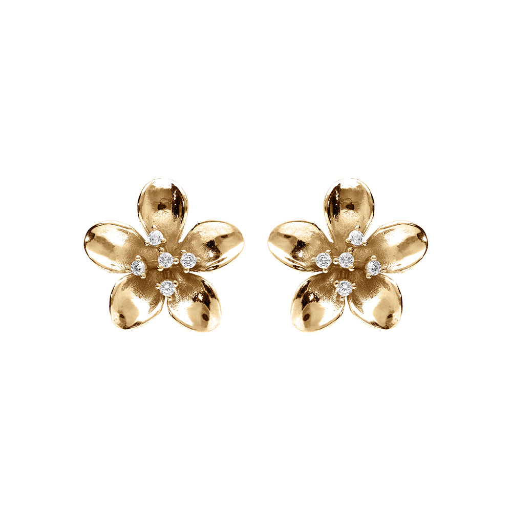 Boucles d\'oreille tige en argent dor� fleur et oxydes blancs sertis, fermoir poussette - Vue 1