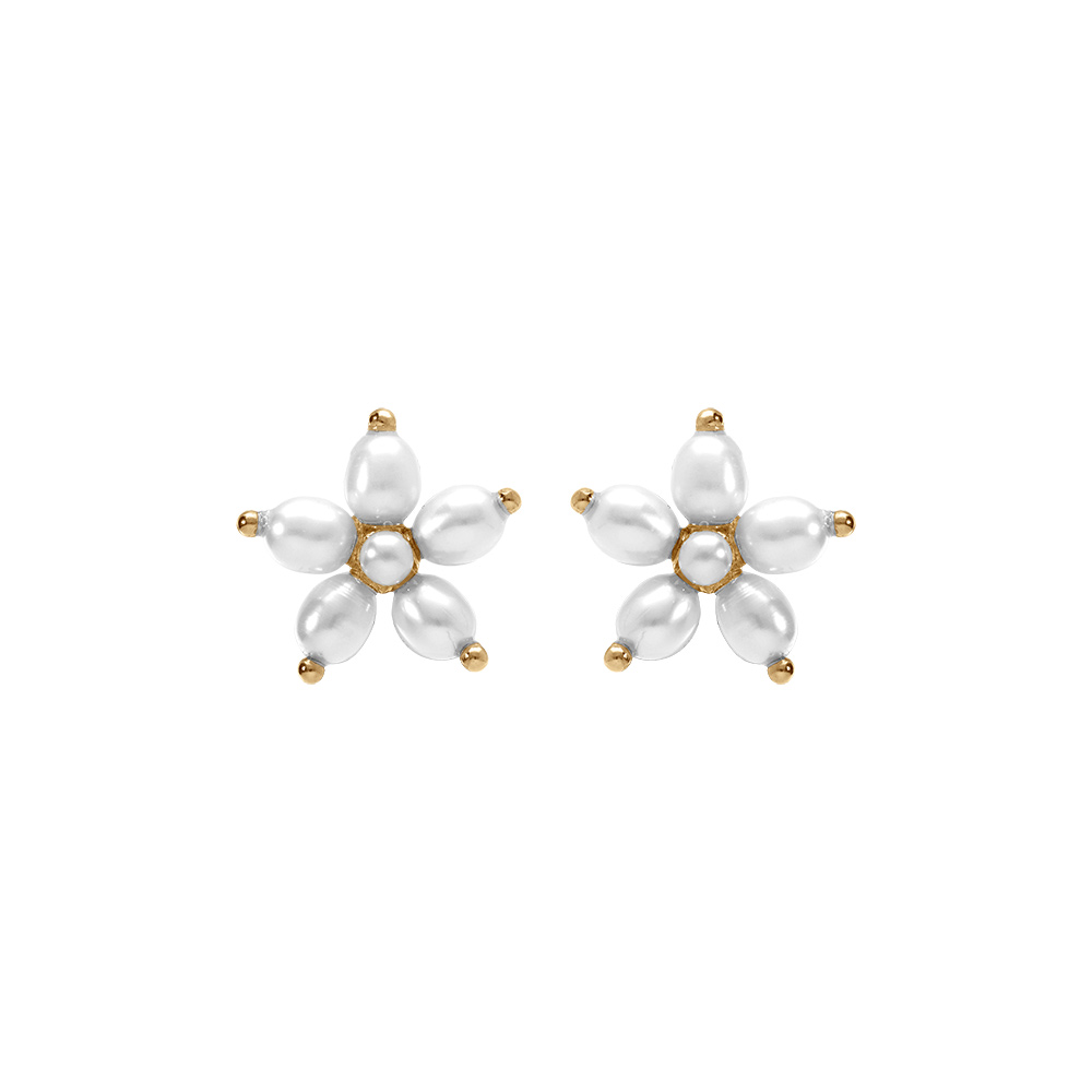 Boucles d\'oreille tige en argent dor� fleur perles blanches imitation - Vue 1