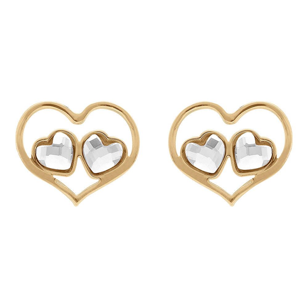 Boucles d\'oreille tige en argent dor� forme coeur ajour� et deux  oxydes blancs - Vue 1