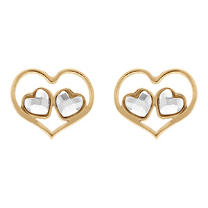 Boucles d'oreille tige en argent dor� forme coeur ajour� et deux  oxydes blancs