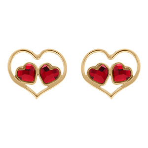 Boucles d'oreille tige en argent dor� forme coeur ajour� et deux oxydes rouges