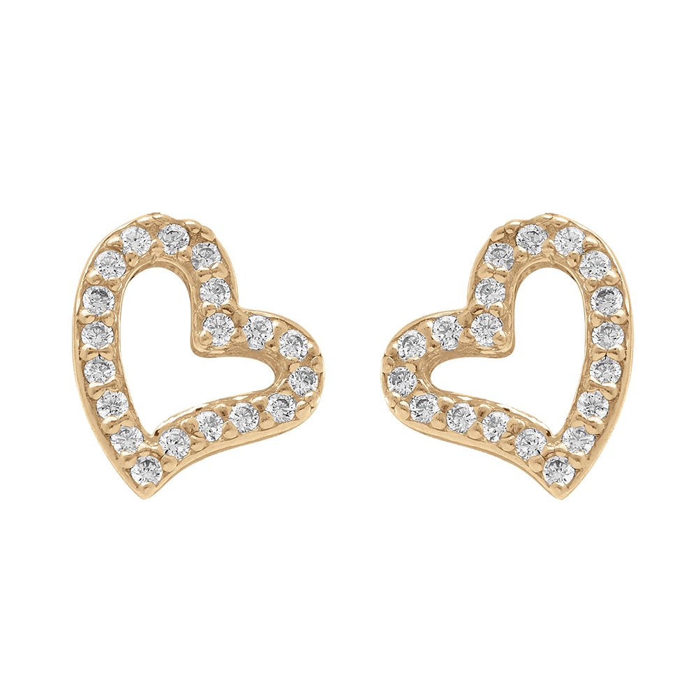 Boucles d\'oreille tige en argent dor� forme coeur entour� d\'oxydes blancs sertis - Vue 1