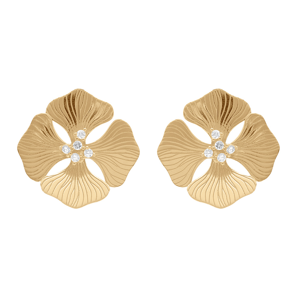 Boucles d\'oreille tige en argent dor� forme fleur et oxydes blancs - Vue 1