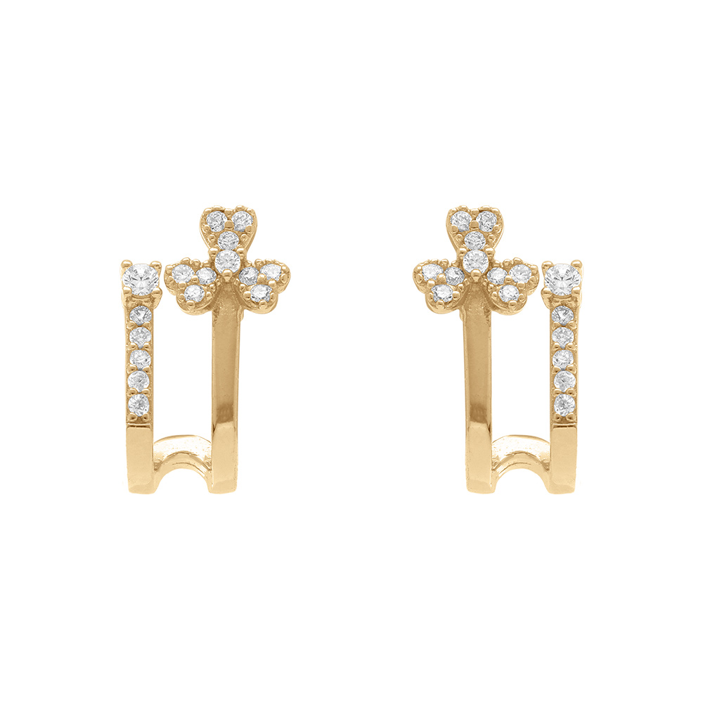 Boucles d\'oreille tige en argent dor� forme g�om�trique avec fleur d\'oxydes blancs sertis - Vue 1