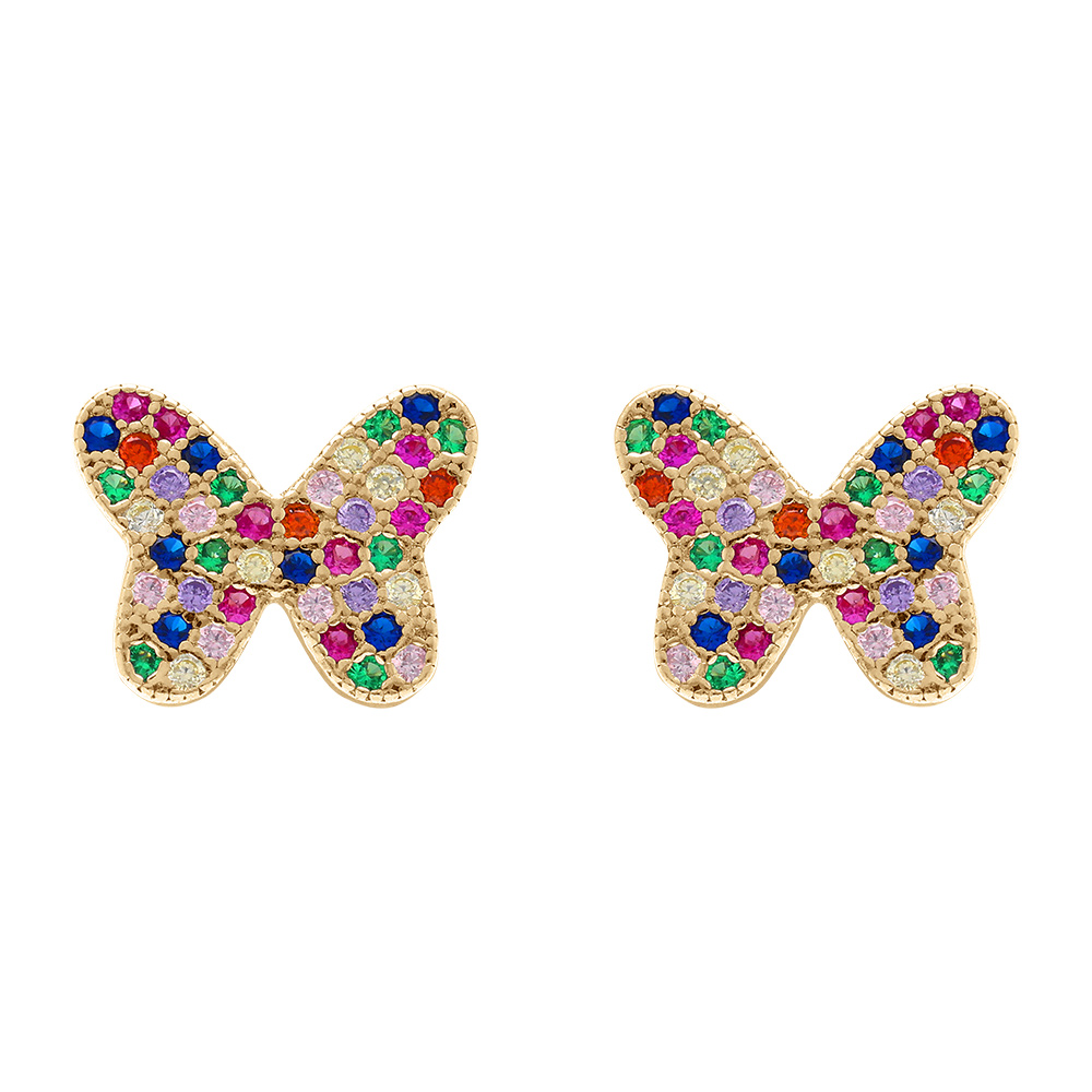 Boucles d\'oreille tige en argent dor� forme papillon avec oxydes multi couleurs sertis - Vue 1