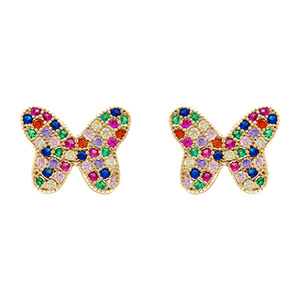 Boucles d'oreille tige en argent dor� forme papillon avec oxydes multi couleurs sertis