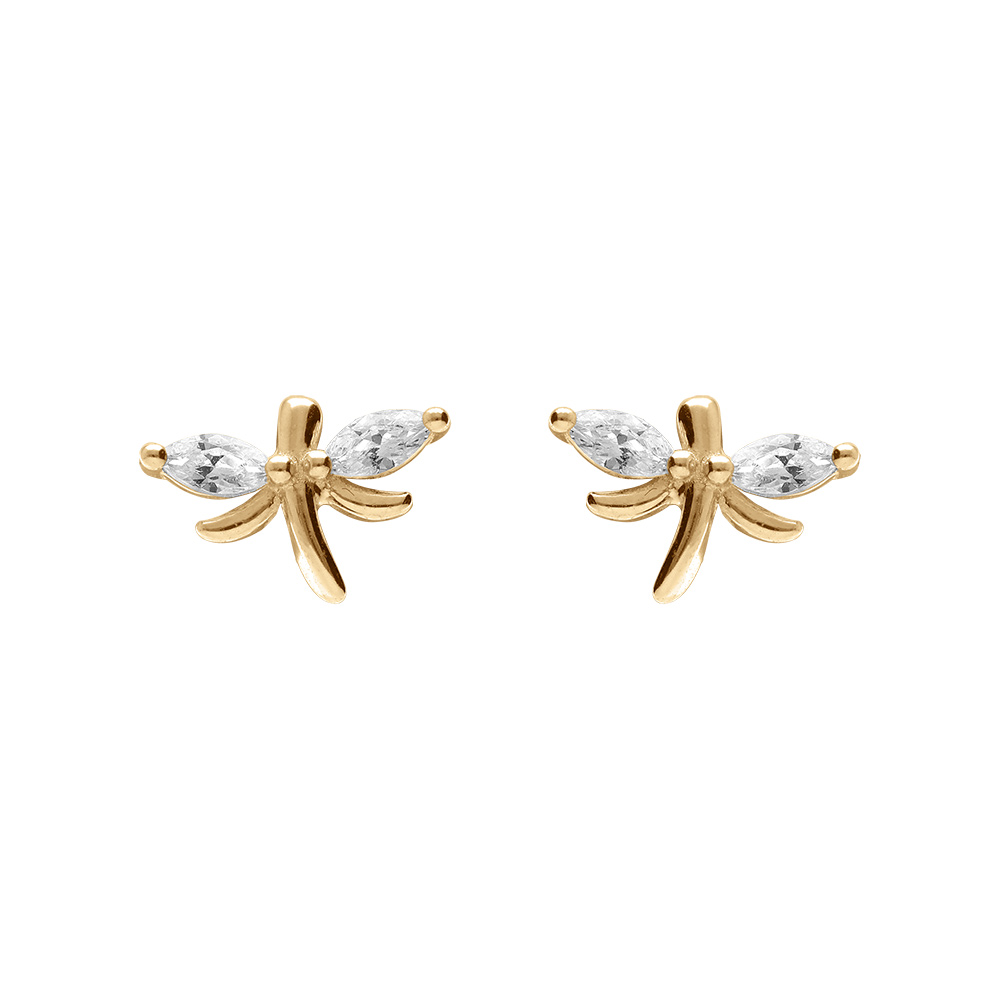 Boucles d\'oreille tige en argent dor� libellule avec oxydes blancs sertis - Vue 1