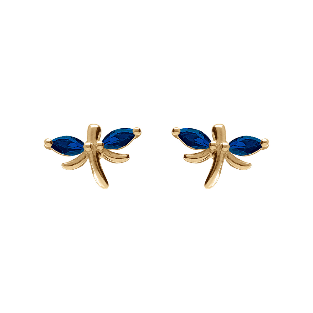 Boucles d\'oreille tige en argent dor� libellule avec oxydes bleu fonc� sertis - Vue 1