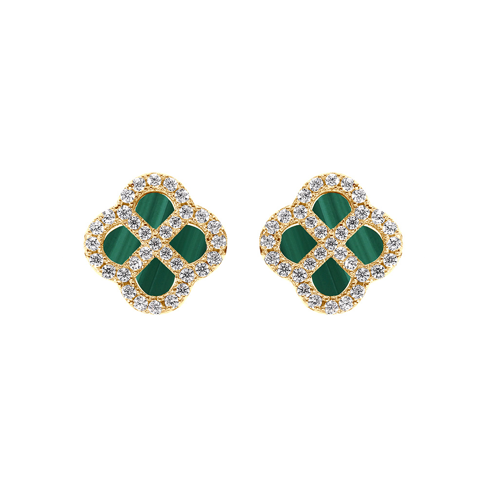 Boucles d\'oreille tige en argent dor motif trfle malachite vritable, contour avec oxydes blancs - Vue 1