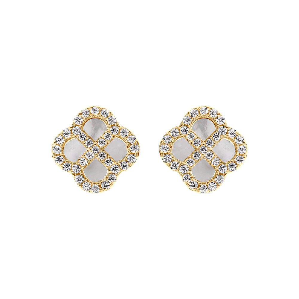 Boucles d\'oreille tige en argent dor motif trfle nacre vritable, contour avec oxydes blancs - Vue 1