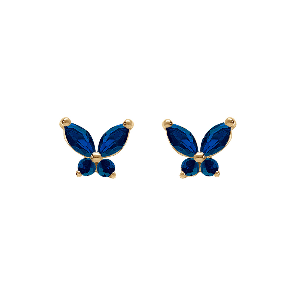 Boucles d\'oreille tige en argent dor, papillon oxydes bleu fonc sertis - Vue 1