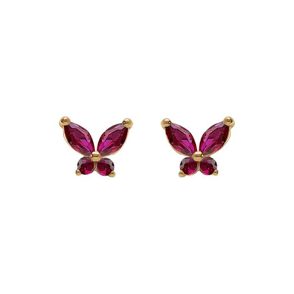 Boucles d\'oreille tige en argent dor�, papillon oxydes fushia sertis - Vue 1
