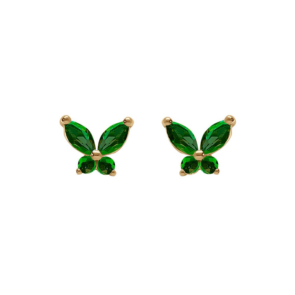 Boucles d\'oreille tige en argent dor papillon oxydes vert fonc sertis - Vue 1