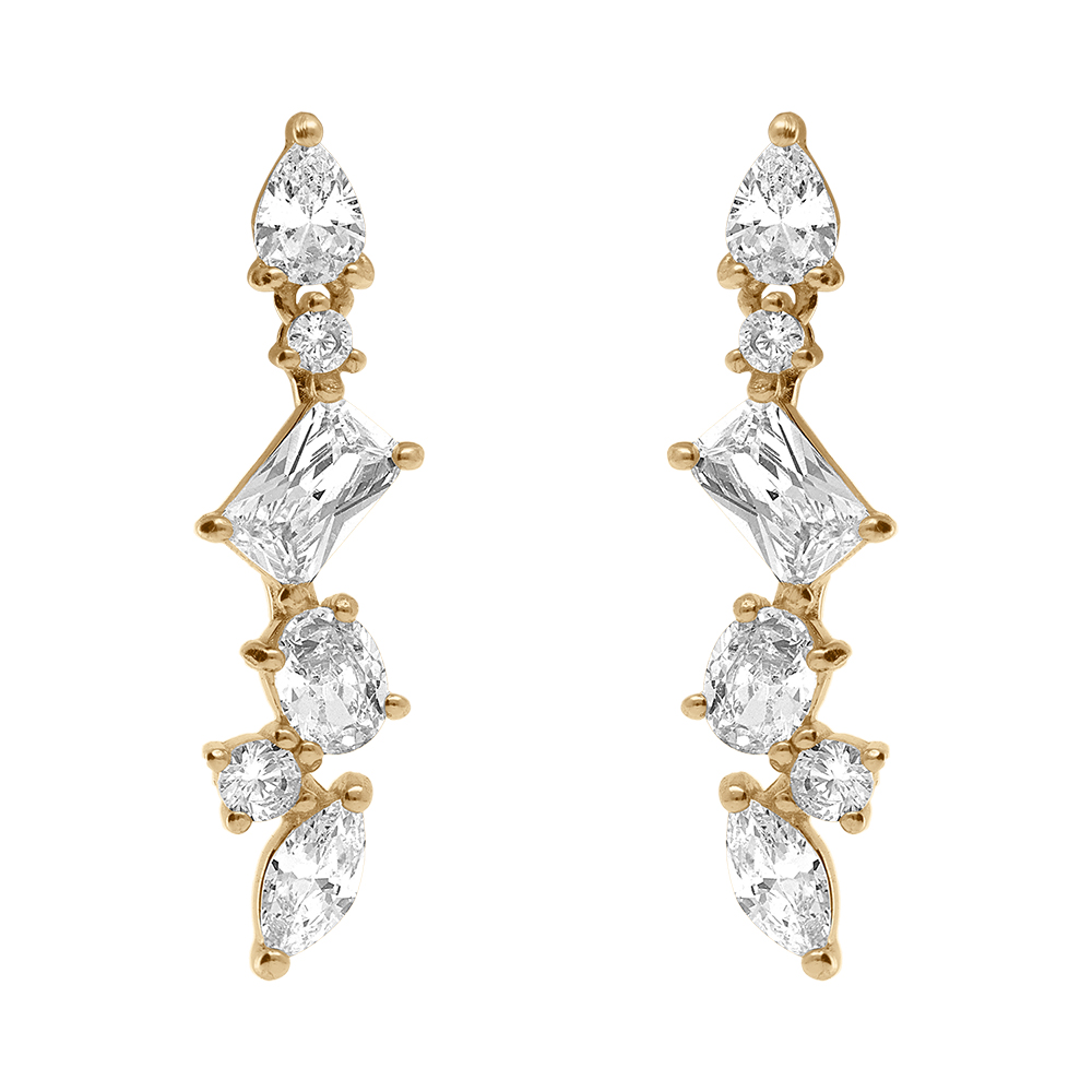 Boucles d\'oreille tige en argent dor pendantes avec quatre oxydes blancs sertis - Vue 1