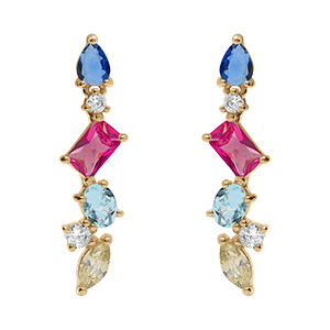 Boucles d'oreille tige en argent dor pendantes avec quatre oxydes multi couleurs
