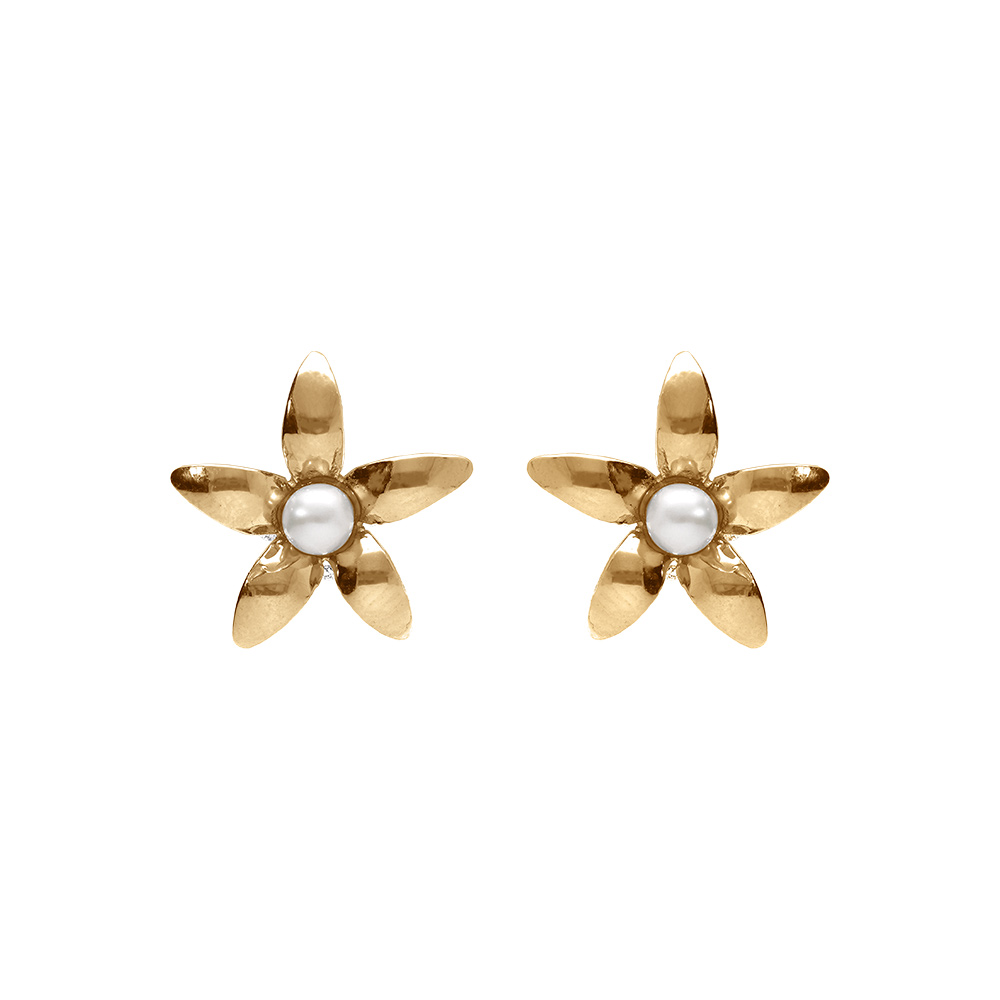 Boucles d\'oreille tige en argent dor petite fleur et au centre perle blanche imitation - Vue 1