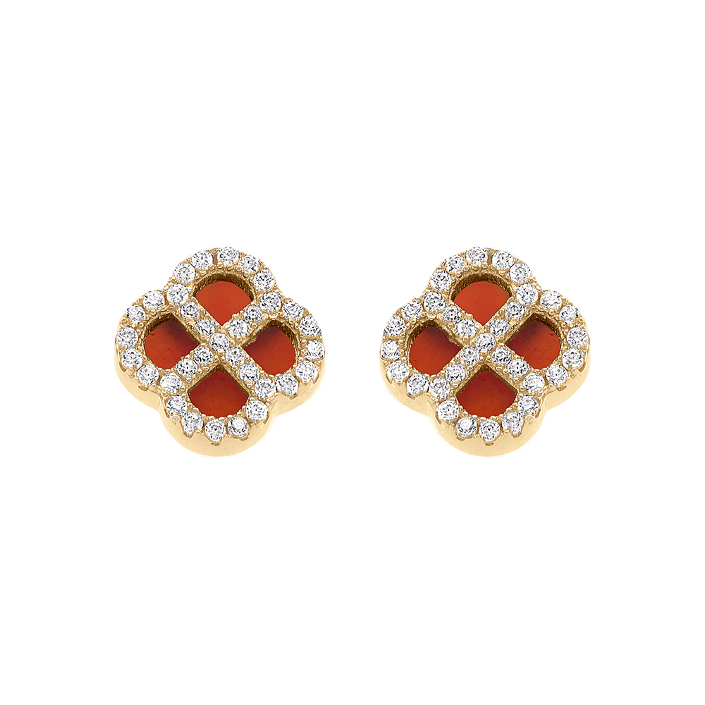 Boucles d\'oreille tige en argent dor� tr�fle agate rouge v�ritable avec contour d\'oxydes blancs - Vue 1