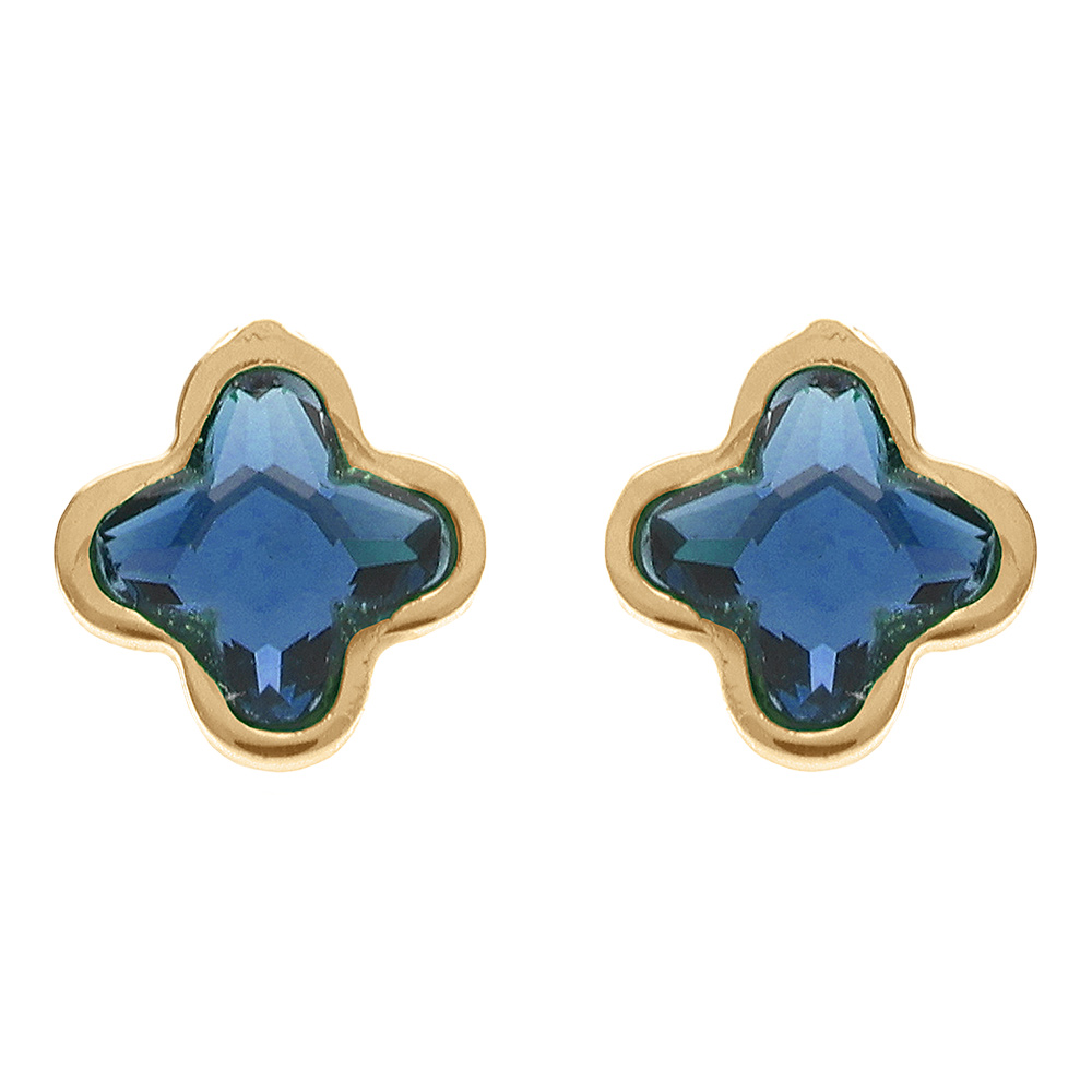 Boucles d\'oreille tige en argent dor� tr�fle cristal bleu fonc� - Vue 1