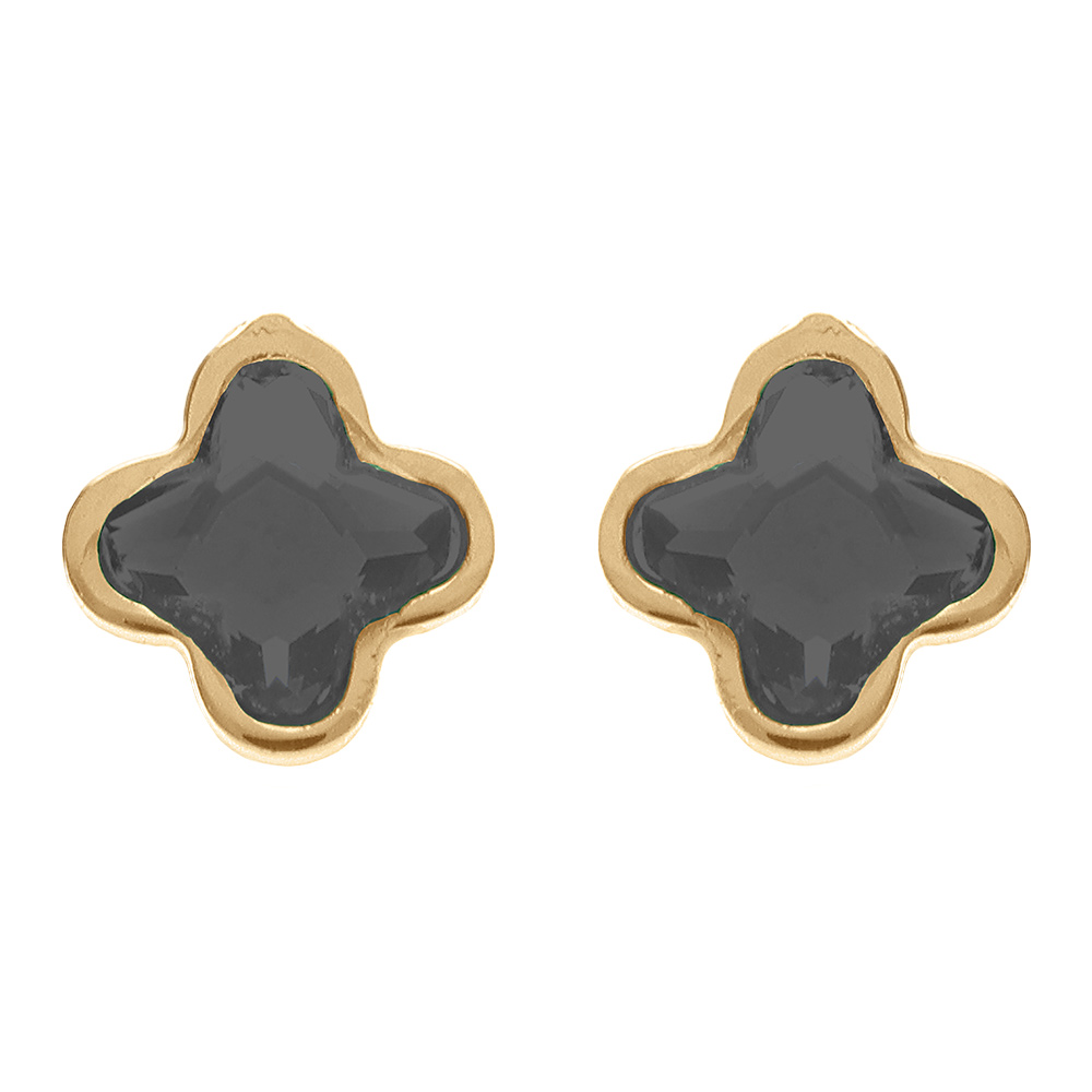 Boucles d\'oreille tige en argent dor� tr�fle cristal noir - Vue 1