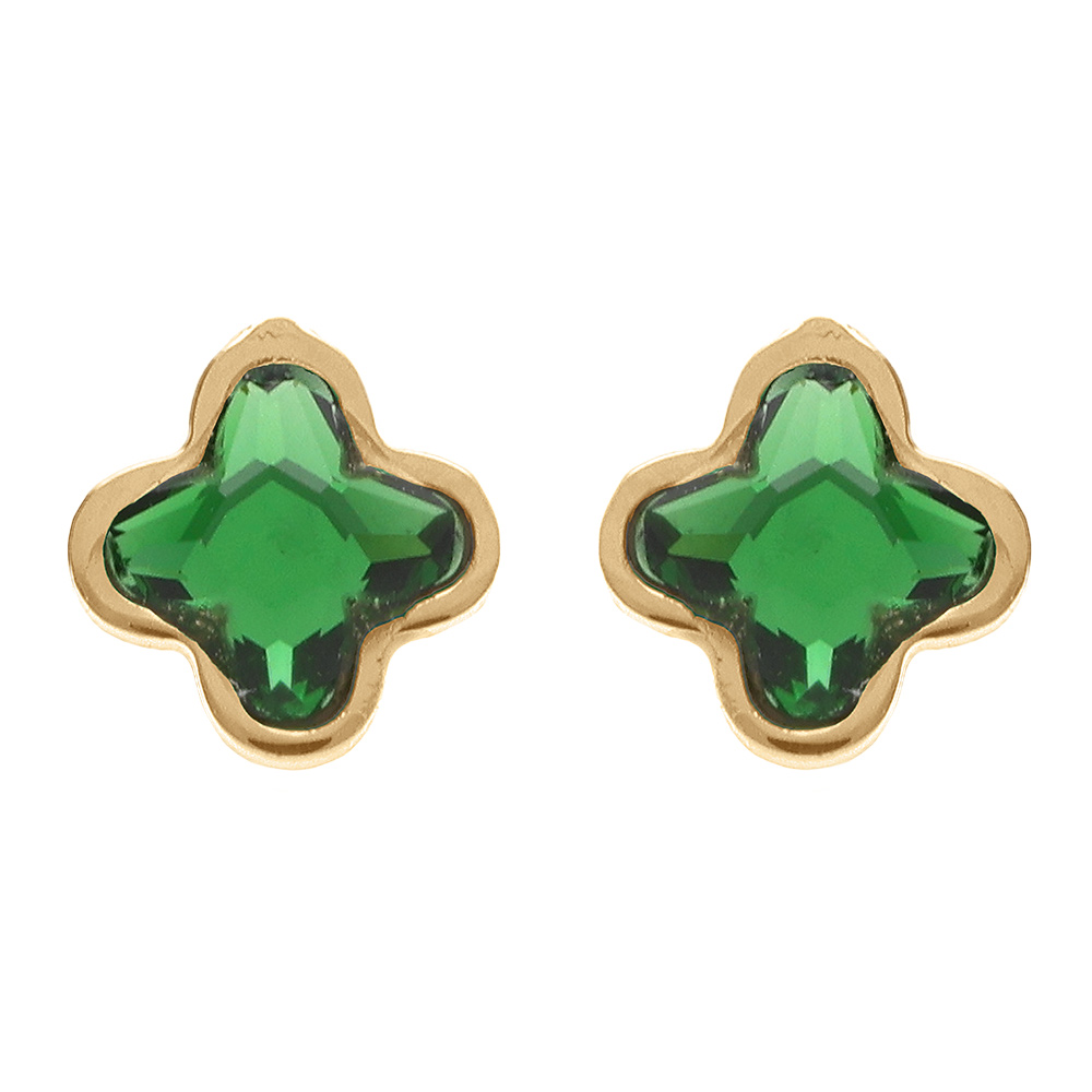Boucles d\'oreille tige en argent dor� tr�fle cristal vert - Vue 1