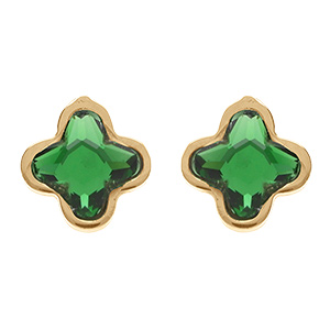 Boucles d'oreille tige en argent dor� tr�fle cristal vert