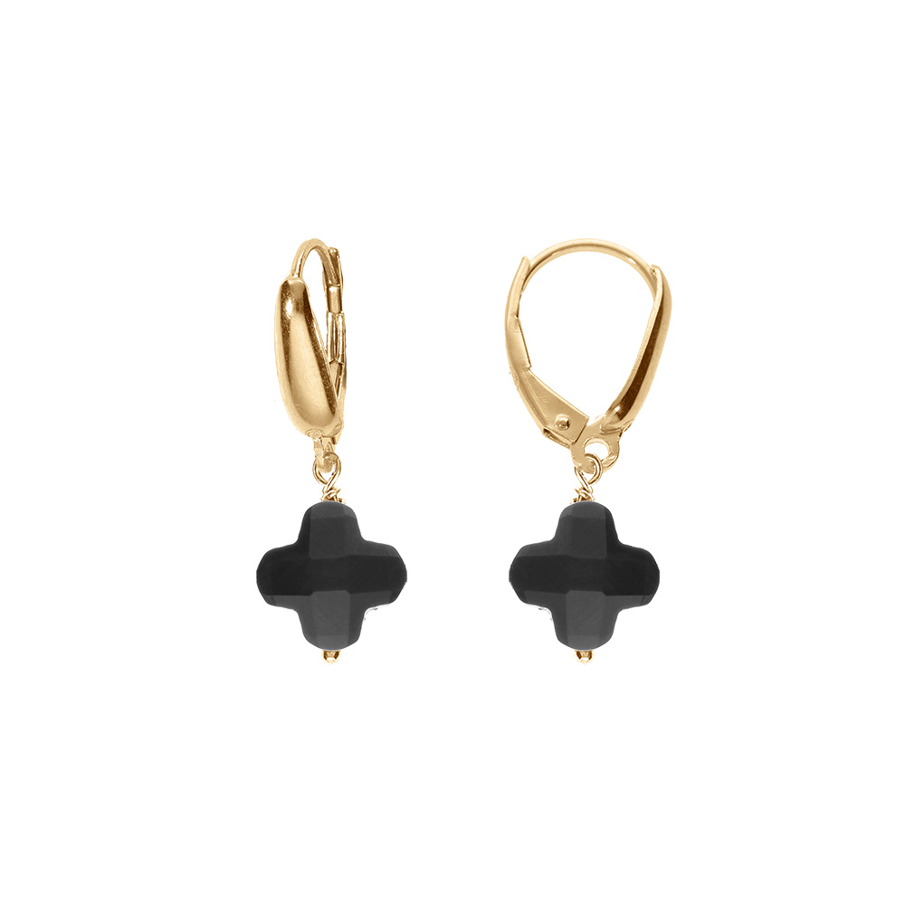 Boucles d\'oreille tige en argent dor� tr�fle en verre facet� noir - Vue 1