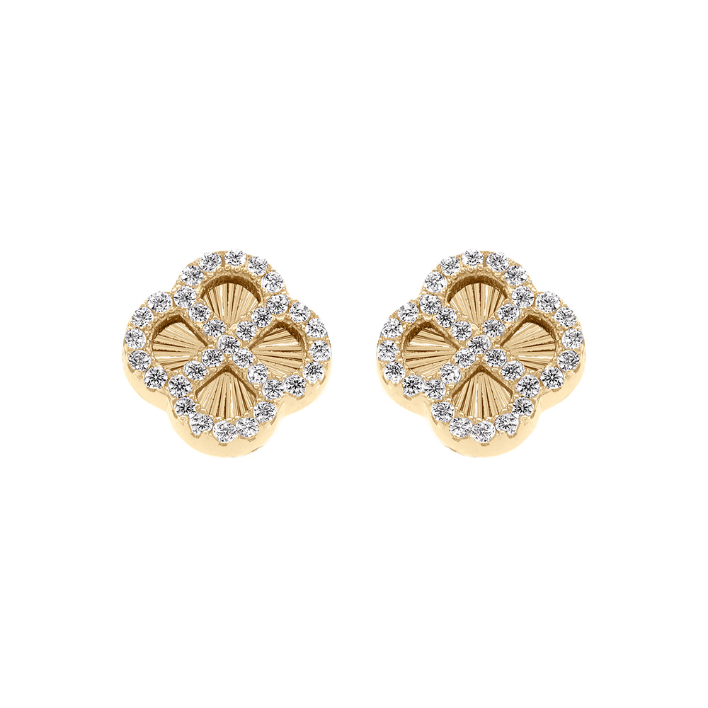 Boucles d\'oreille tige en argent dor trfle sur fond diamant avec contour d\'oxydes blancs - Vue 1