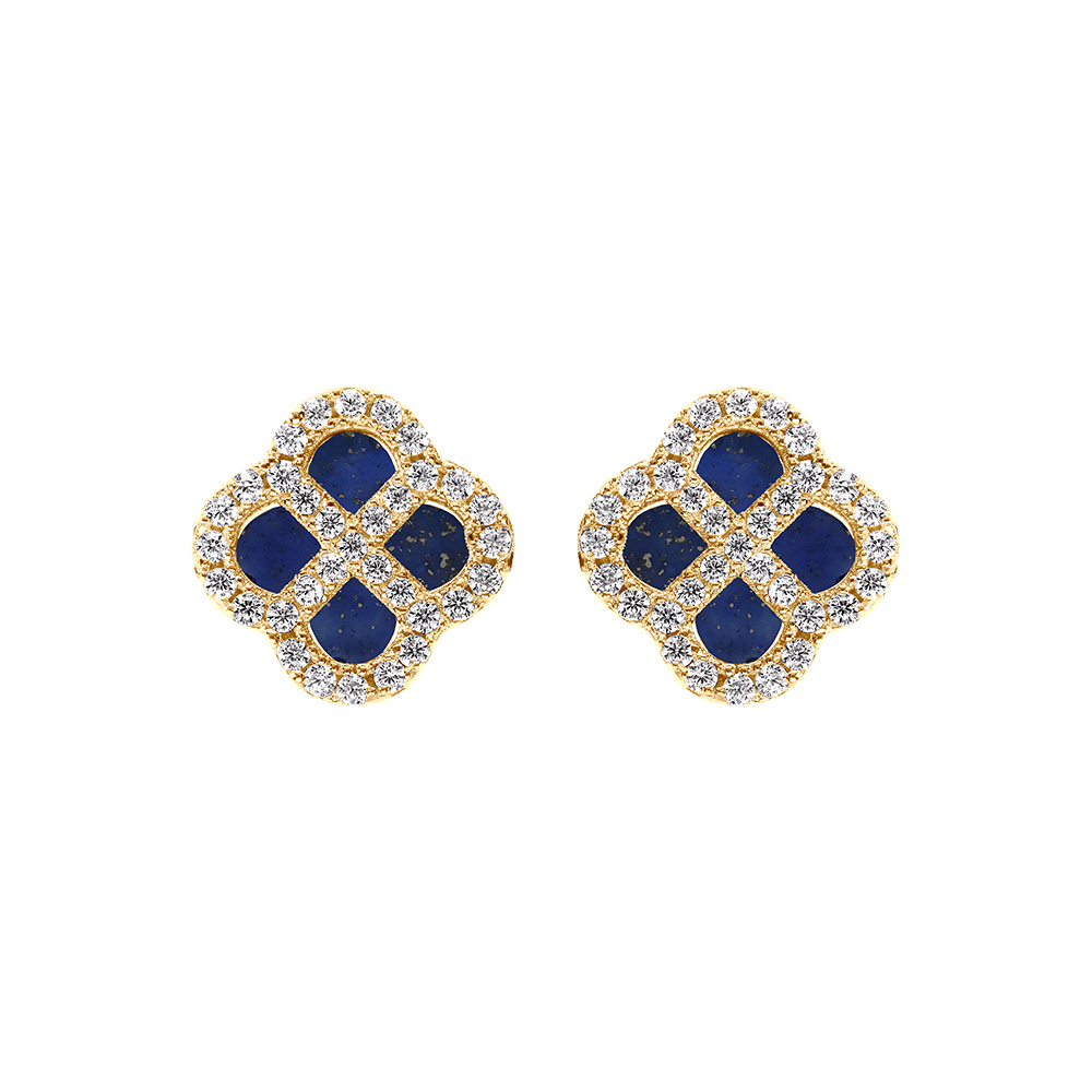Boucles d\'oreille tige en argent dor trfle verre bleu fonc, contour d\'oxydes blancs - Vue 1