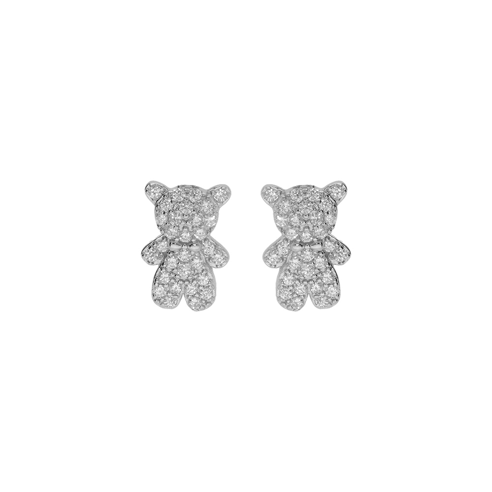 Boucles d\'oreille tige en argent ourson oxydes blancs - Vue 1