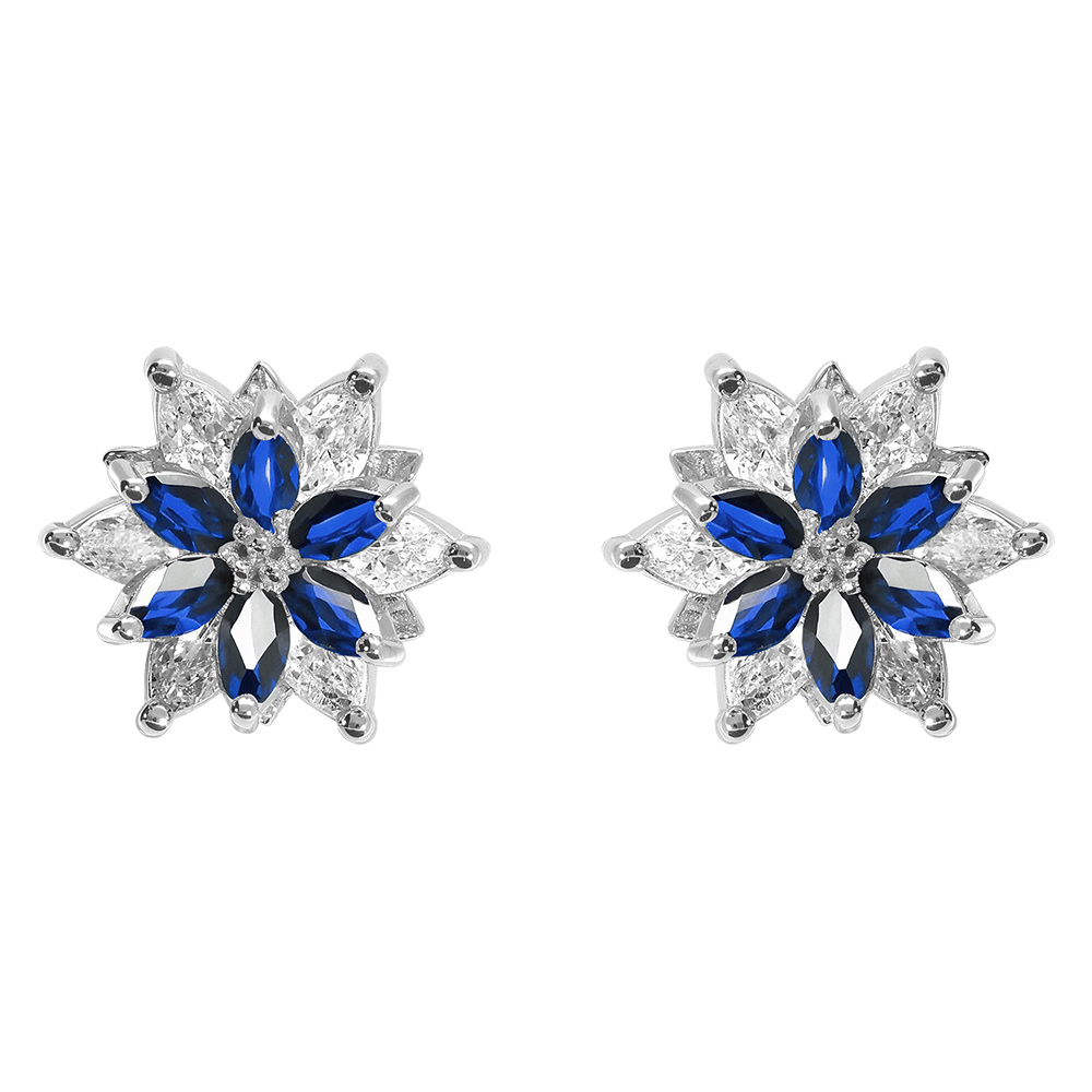Boucles d\'oreille tige en argent rhodi� 10mm fleur d\'oxydes blancs et bleus sertis - Vue 1