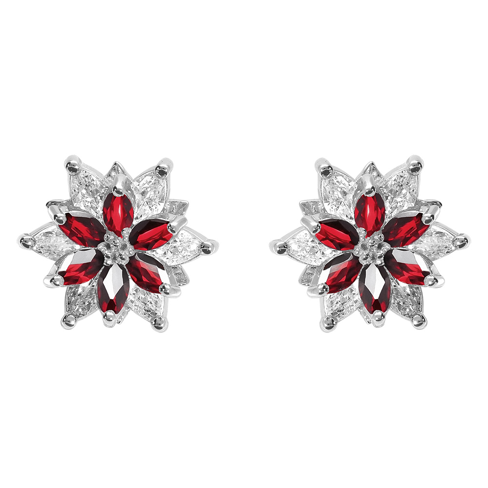 Boucles d\'oreille tige en argent rhodi� 10mm fleur d\'oxydes blancs et rouges sertis - Vue 1