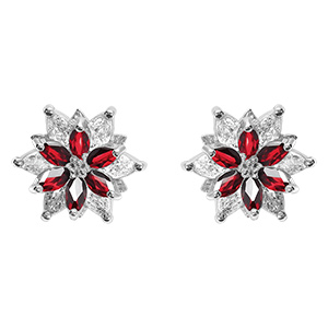 Boucles d'oreille tige en argent rhodi� 10mm fleur d'oxydes blancs et rouges sertis