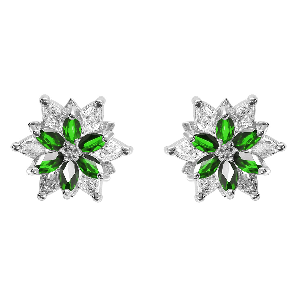 Boucles d\'oreille tige en argent rhodi� 10mm fleur d\'oxydes blancs et vert sertis - Vue 1