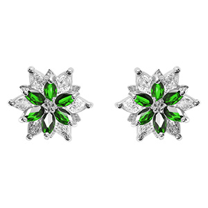 Boucles d'oreille tige en argent rhodi� 10mm fleur d'oxydes blancs et vert sertis