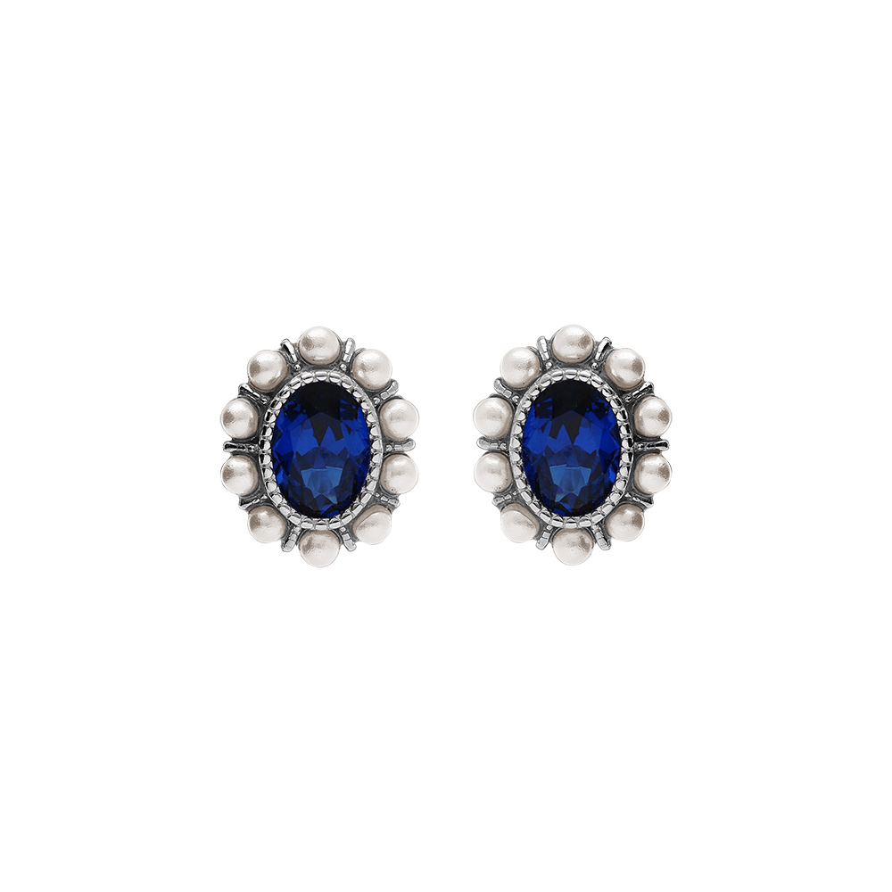 Boucles d\'oreille tige en argent rhodi� avec oxyde central bleu et contour perle blanche imitation - Vue 1