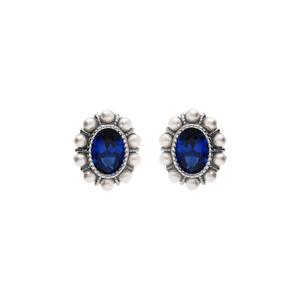 Boucles d\'oreille tige en argent rhodié avec oxyde central bleu et contour perle blanche imitation - Vue 1