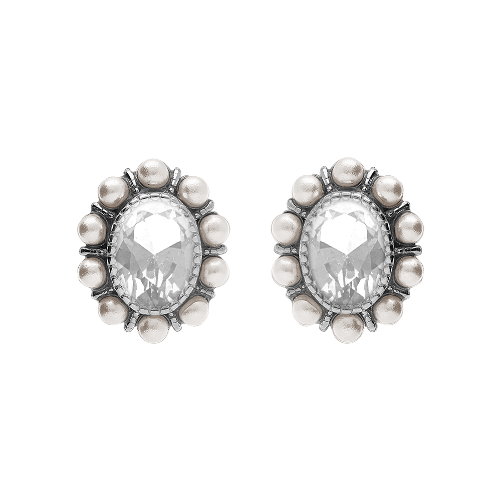 Boucles d\'oreille tige en argent rhodi� avec un oxyde central blanc et contour de perles blanches imitation - Vue 1