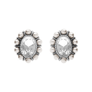 Boucles d\'oreille tige en argent rhodi avec un oxyde central blanc et contour de perles blanches imitation - Vue 1