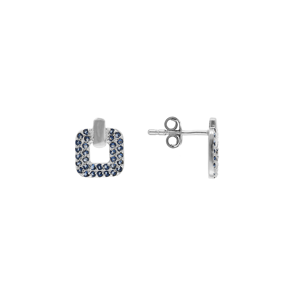 Boucles d\'oreille tige en argent rhodi� carr� avec oxydes bleus sertis - Vue 1